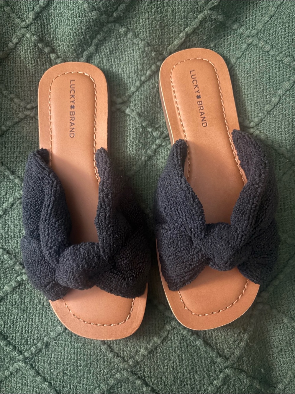 Lucky Brand Black Knotted Slide Sandals with Tan Footbed